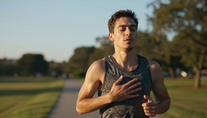 A young man with short hair is running outdoors along a paved path during what appears to be late afternoon or early evening