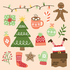 Collection of colourful Christmas elements. Christmas tree, ball, present, sock, cookie, cup, hat, sweater, gloves. Vector illustration
