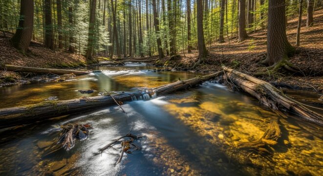 Forest stream flowing over rocks with fallen trees, nature photography