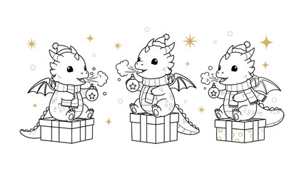 Festive Dragon Trio: Adorable baby dragons, each adorned with winter attire, sit atop wrapped gift boxes, celebrating the holiday season with playful charm and a touch of fantasy.