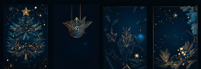 4 vertical christmas cards set with a dark blue background, 