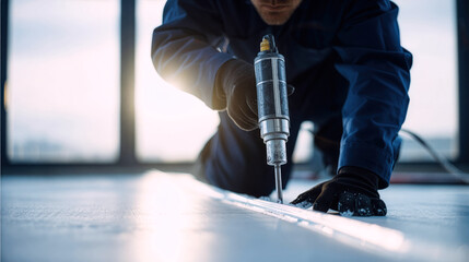 Skilled worker using power tool to apply adhesive on a construction site during daylight hours for building renovation project