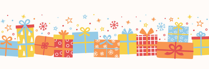 Christmas banner with cartoon hand drawn presents with bows. Vector illustration