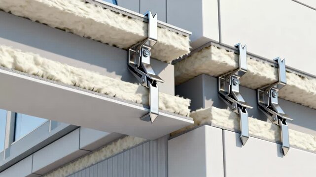 Closeup medium shot of clips being attached at structural junctions to prevent heat loss and enhance insulation performance in a modern building.