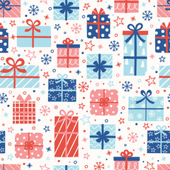 Obraz premium Colourful seamless pattern with cute hand drawn presents. Christmas background concept. Banner. Vector illustration