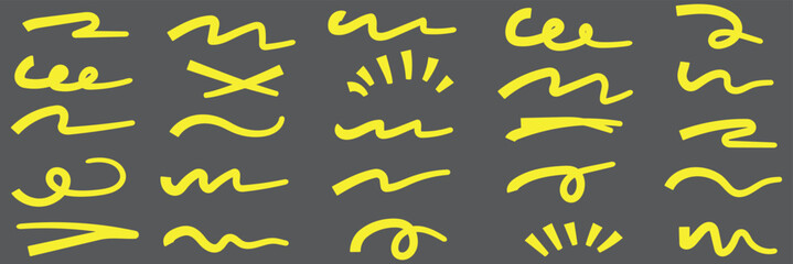 Hand drawn marker strokes set. Yellow paint brush lines, underlines and squiggles. Creative highlighter collection for graphic design. Ink doodle & scribble elements vector. Dark Background. EPS 10.