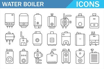 Water Boiler and Heater Icons Set with Electric, Gas and Tank Systems in Clean Line Style