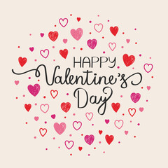 Happy Valentine’s Day typography. Background with cute hand drawn hearts. Vector illustration
