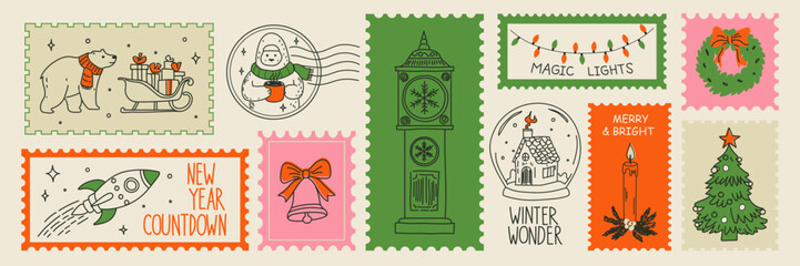 Hand drawn winter holiday postage stamps in a doodle sketch style. Christmas and New Year postal elements ideal for posters, postcards, scrapbook pages, mail themed designs, and festive vector prints.