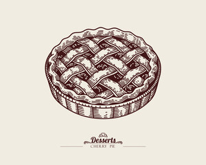 Cherry pie in a baking dish. Shortcrust pastry mesh. Vintage linear illustration of sweet baked dessert with cherries.