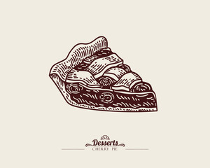 Vintage linear illustration. Piece of sweet cherry pie. Line Art