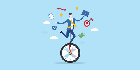 Businessman balancing on a unicycle with business icons floating around him © Sanjoy