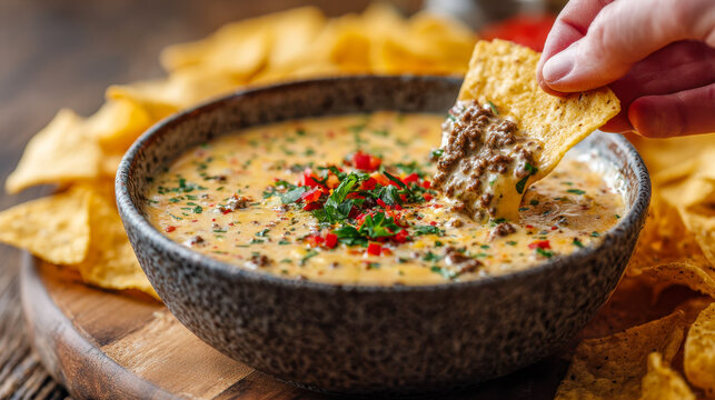 Hand dipping tortilla chip into savory creamy cheese and ground beef dip garnished with fresh herbs and diced peppers surrounded by crunchy chips on wooden board