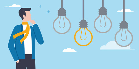 Man thinking about a bright idea among many light bulbs