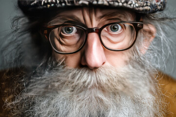 Portrait of funky old bearded man in eyeglasses 