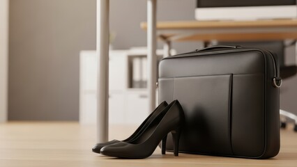 Fototapeta premium Black leather briefcase and high heels on office floor