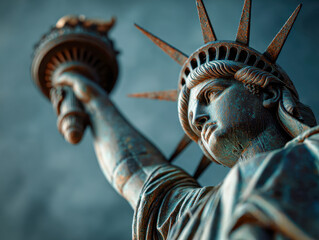 Detailed view of a weathered copper statue holding a torch with a solemn expression against a soft grayish-blue background sky at dusk