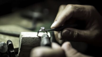 Crafting a Gem: Meticulous hands carefully shape a precious diamond ring, set against a backdrop of craftsmanship.
