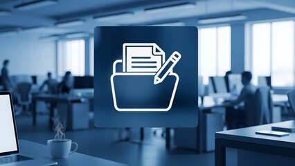 Digital Document Management Concept Icon Depicting Filing with Pen and Paper, Workspace Background