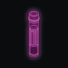 Neon purple test tube glowing on black background representing medical research and laboratory analysis