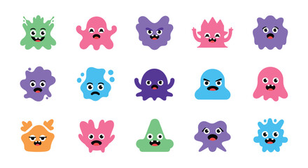 Obraz premium A diverse collection of colorful and cute cartoon monster characters, each with a unique shape and distinct emotional expression, isolated on a white background.