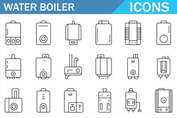 Water Boiler and Heater Editable Line Icons Set for HVAC and Plumbing