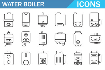 Editable Stroke Water Boiler and Heater Line Icons Set with Electric, Gas, Industrial and Home Hot Water Tank Symbols for Plumbing, Heating and HVAC Design
