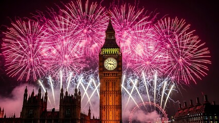 Spectacular fireworks display behind big ben and houses of parliament at night