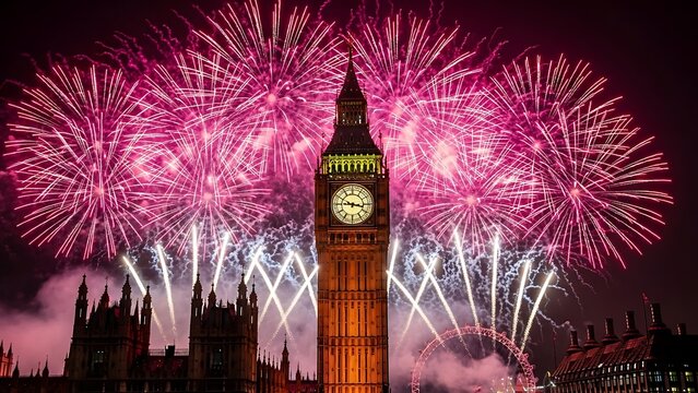 Spectacular fireworks display behind big ben and houses of parliament at night