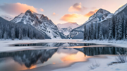 Snowy mountains landscape reflection on frozen lake winter nature wilderness