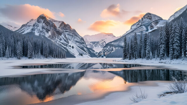 Snowy mountains landscape reflection on frozen lake winter nature wilderness