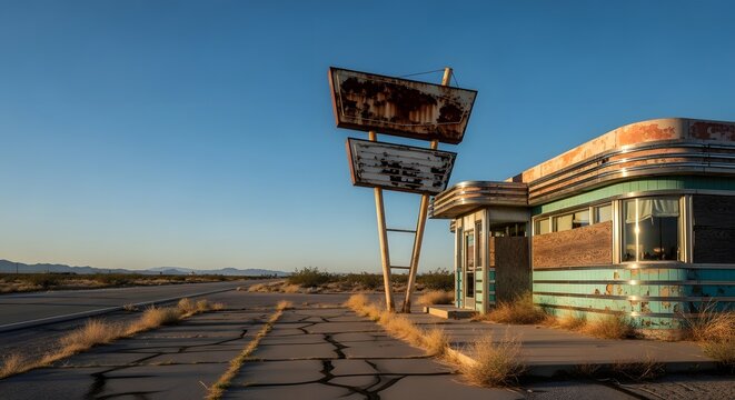 Abandoned retro diner with a broken rusted sign by an empty desert highway at golden hour, embodying forgotten Americana concept and road trip nostalgia
