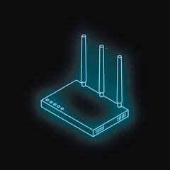 Glowing neon blue wi fi router on black background transmitting data