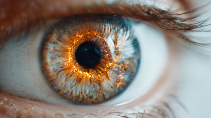 Close-up of a human eye with fiery amber and gold tones highlighting intricate iris patterns and delicate eyelashes in sharp focus against a soft background