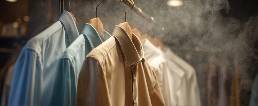 The Shirts on Hangers with Steam and Soft Warm Lighting in Closet - Powered by Adobe