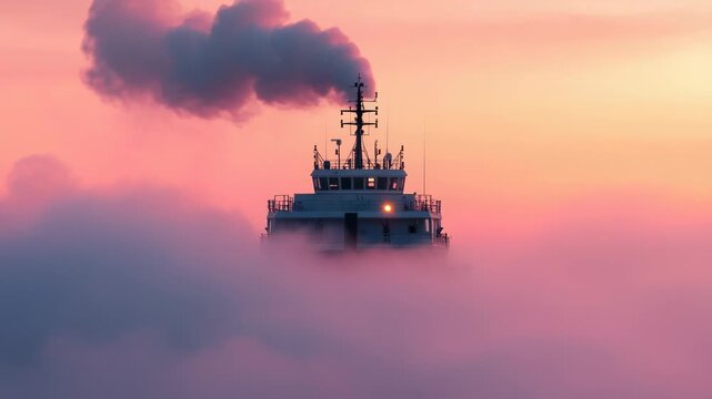 Video A boat with a visible smokestack emitting smoke, potentially indicating steam power or industrial use