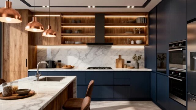 Medium shot featuring a 3D kitchen design with various countertop materials and lighting schemes for personalized styling.