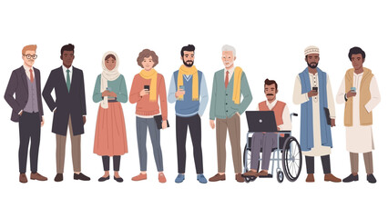 A group of eight diverse male characters standing in a row, illustrated in a modern flat vector style.