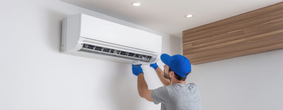 The Air Conditioner Technician Installing Wall-Mounted Split Unit In Modern Home Interior