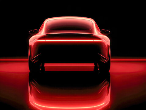 Sleek modern sports car illuminated in vibrant red light with striking reflection on glossy surface showcasing futuristic automotive design elements