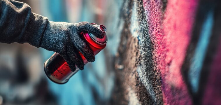 The spray can and gloved hand creating vibrant urban graffiti on textured wall - Powered by Adobe