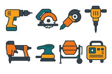 Fototapeta premium Vibrant Tools Icons Set. Construction Tools modern flat vector icons: electric drill, circular saw, angle grinder, jackhammer, nail gun, power sander, concrete mixer, portable