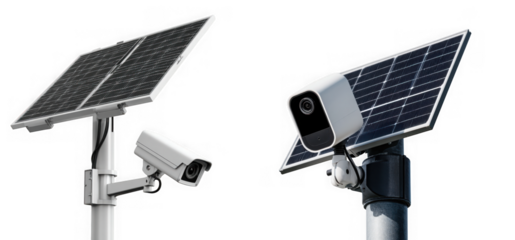 Two modern solar powered security cameras mounted on poles with photovoltaic panels isolated on transparent background
