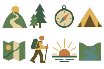 Geometric Adventure Icons. Mountain Route in geometric flat style: hill path, pine trees, compass, tent, map, hiker, sunrise, river