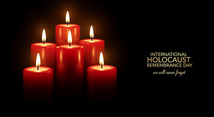 Group of glowing red candles lit against a dark background with text overlay