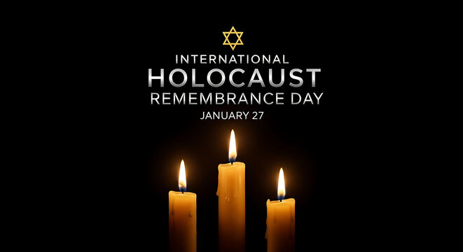 International holocaust remembrance day with three lit candles and star of david symbol