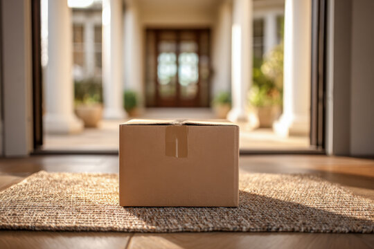 A sealed cardboard package resting on a textured rug inside a bright and welcoming home entryway with sunlight streaming through open doors and columns visible outsi
