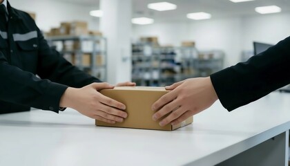 A delivery professional carefully hands a securely packaged parcel to a customer, illustrating efficient logistics, reliable shipping services, and the crucial moment of transfer