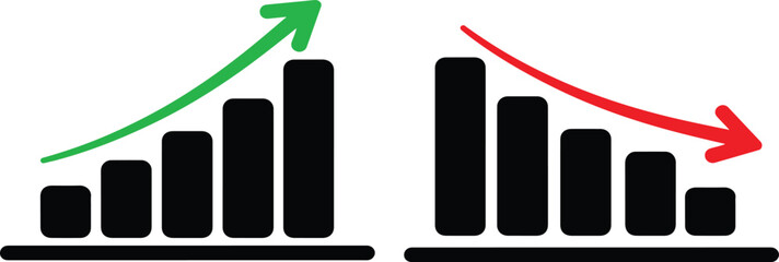 Growth chart icons set. Business growth success chart isolated on white background. Bar chart symbol icon with arrow moving down and sales bar chart with arrow moving up.