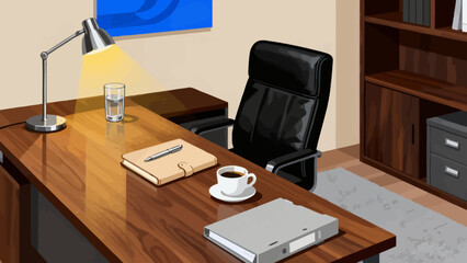 This modern, colorful illustration depicts an organized office workspace: a desk holds a computer, printer, and stationery, paired with an office chair, while a cabinet, professional interior.